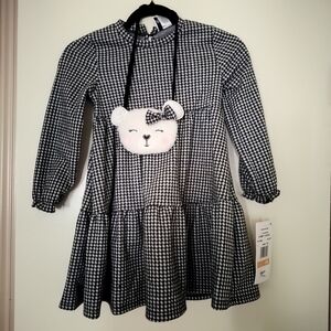 Charming Black and White Kids Dress with Bear Pouch